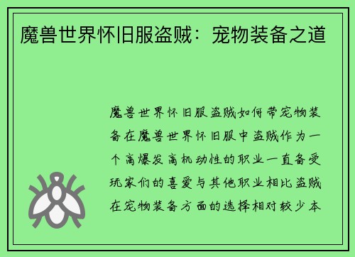 魔兽世界怀旧服盗贼：宠物装备之道